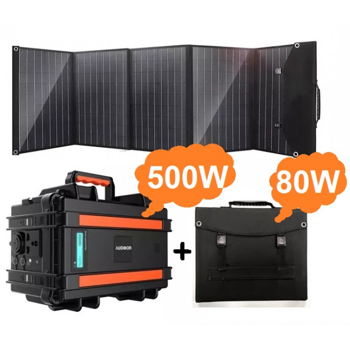AUMOON BPS-500W (Пік 1000Вт) 550Wh / 150000mAh + сонячна панель 80W портативний сонячний генератор електростанція, ДБЖ, із зарядкою від сонячної панелі.